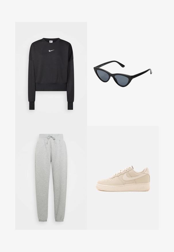 Zwarte cropped sweatshirt van een katoenmix, met een ronde halslijn, lange mouwen en een wit Nike-logo op de borst.; Grijze sweatpants met elastische tailleband, verstelbare trekkoord en geribbelde manchetten. Gemaakt van zachte stof; heeft twee zijzakken.; Lage beige Nike Air Force 1 sneaker met veterluiting en perforaties op de neus tegen een effen achtergrond.; Zwarte cat-eye zonnebril met donkergrijze lenzen, slank plastic frame, puntige hoeken en rechte pootjes. Geen zichtbare hardware of accenten.