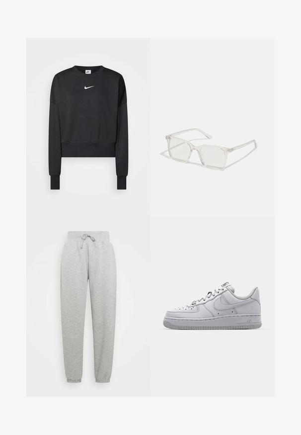 Sort cropped sweatshirt lavet af en blanding af bomuld, med rund halsudskæring, lange ærmer og et hvidt Nike-logo på brystet.; Grå sweatpants med elastisk talje, justerbar snøre og ribbede manchetter. Lavet af blødt stof; har to sidelommer.; Hvid lædersneaker med lavt design, rund tå, perforerede detaljer og en tekstureret gummisål. Har grå accenter på tungen.; Klare plastiske briller med firkantet ramme og gennemsigtige linser, der har guld accenter på tempelstængerne for ekstra detaljer.