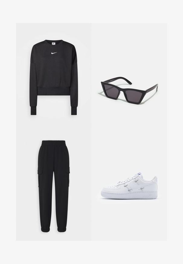 Sort cropped sweatshirt lavet af en blanding af bomuld, med rund halsudskæring, lange ærmer og et hvidt Nike-logo på brystet.; ONLY ONLOLA PANT - Cargobukser - black; Nike Sportswear AIR FORCE 1 - Sneakers - white/hyper royal/black; Sorte, kantede solbriller med grå linser; lavet af plast, med tykke stænger med en glat overflade og ingen synlig hardware.