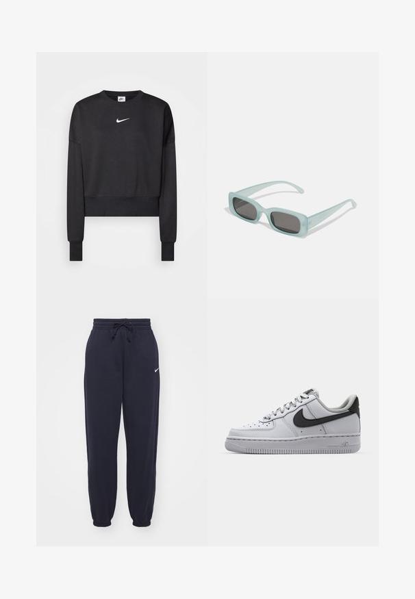 Sort cropped sweatshirt lavet af en blanding af bomuld, med rund halsudskæring, lange ærmer og et hvidt Nike-logo på brystet.; Nike joggingbukser i navyblå, lavet af blødt materiale. Har en elastisk talje med snor og manchetter ved anklerne. Lille hvidt logo accenter.; Hvide lædersko med grå accenter, rund tå, tekstureret overflade, polstret krave og kontrasterende sort swoosh-logo. Luftdæmpende sål.; Et par rektangulære solbriller med lyseblå gennemsigtige stel og mørkegrå linser, der har lige templer og minimale hardware detaljer.
