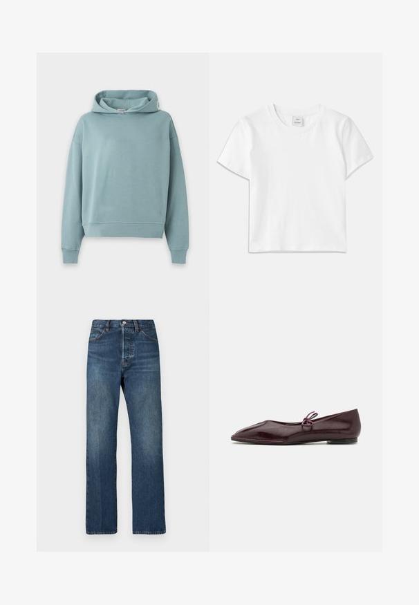 Sweat à capuche bleu clair avec manches longues, poignets et ourlet côtelés, présenté sur fond blanc uni. Aucun motif ou logo visible.; T-shirt en coton blanc avec un col rond, des manches courtes et un ourlet droit. Étiquette marquée "Won Hundred" au centre de l'encolure.; Jean en denim bleu foncé coupe droite, doté de cinq poches, d'une braguette à boutons et de zones délavées pour un aspect usé.; Ballerines en cuir verni bordeaux avec un bout pointu et un nœud décoratif violet sur le cou-de-pied ; design à semelle plate.