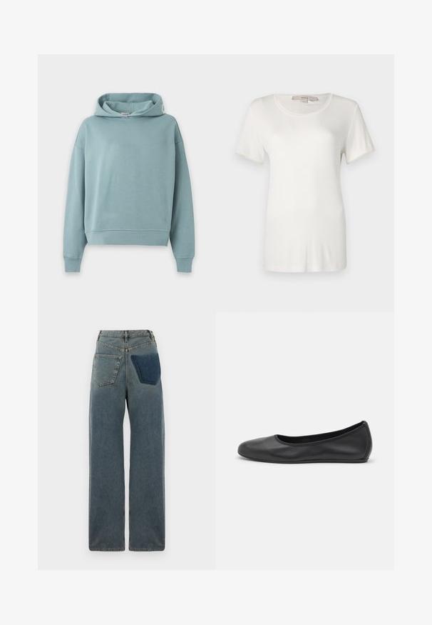 Sweat à capuche bleu clair avec manches longues, poignets et ourlet côtelés, présenté sur fond blanc uni. Aucun motif ou logo visible.; T-shirt blanc à manches courtes en coton doux et extensible. Dispose d'un col rond et d'une texture lisse et unie sans motifs visibles.; Jean large en denim, avec une teinte bleue claire, deux poches arrière et une poche plaquée d'une teinte bleue plus foncée sur le côté droit.; Ballerines en cuir noir avec un bout rond, texture lisse, détails de couture minimalistes et design de semelle flexible.