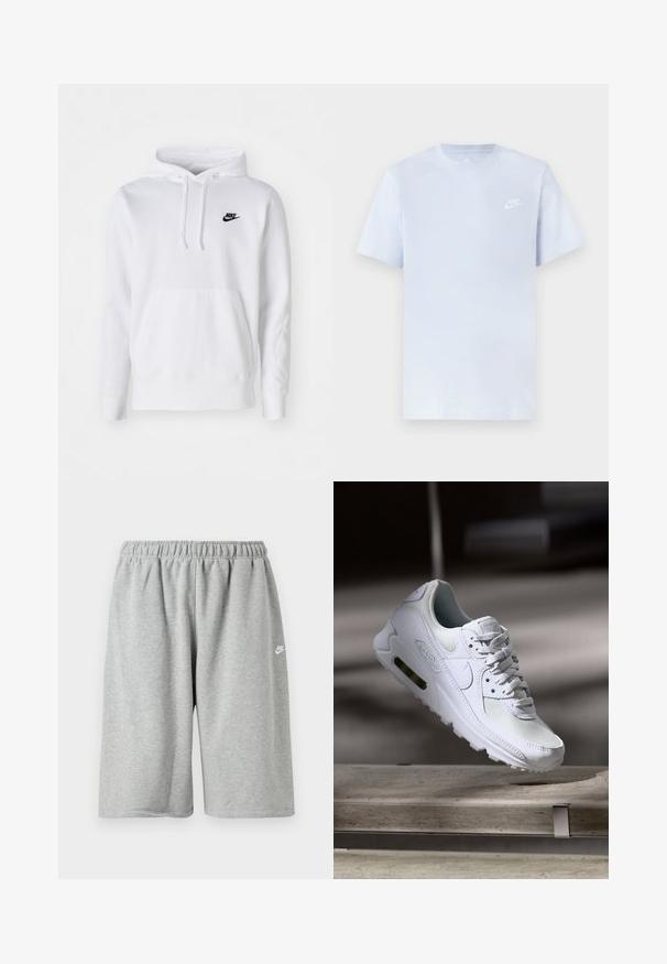 Hvid hættetrøje lavet af bomuldsblanding med snøre i hætten, frontlomme med kangaroo, ribbede manchetter og et lille sort Nike-logo på brystet.; Lyseblå bomulds t-shirt med korte ærmer, rund hals og et hvidt Nike-logo trykt på venstre bryst. Glat tekstur, simpelt design.; Grå bomuldsshorts med elastik i taljen, med løs pasform og et lille hvidt logo nær kanten. Glat tekstur, længde over knæet.; Hvide Nike Air Max 90 sneakers med en overdel i mesh og læder, perforeret tåboks og en synlig luftenhed i hælen.