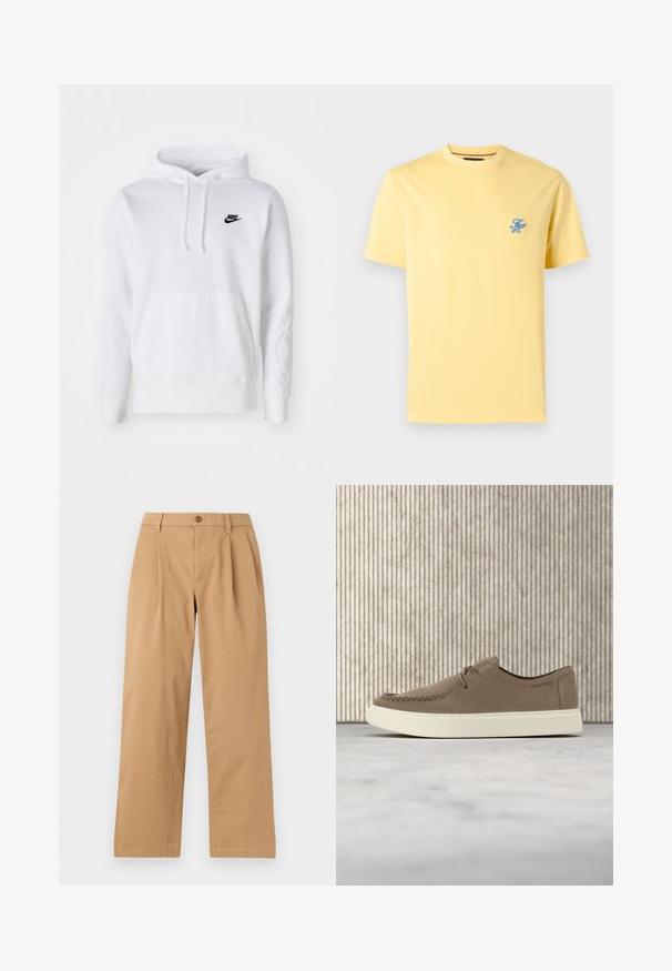 Hvid hættetrøje lavet af bomuldsblanding med snøre i hætten, frontlomme med kangaroo, ribbede manchetter og et lille sort Nike-logo på brystet.; Enkelt pastelgul t-shirt med korte ærmer og rund halsudskæring med små blå broderede initialer på venstre bryst.; Lysebrune bukser med lige ben, forplisseringer foran, bæltestropper og knaplukning ved taljen mod en ensfarvet baggrund.; Lys brun ruskindsnørestøvle med hvid sål, der svæver over beige tæppe med brunt træbord i baggrunden.