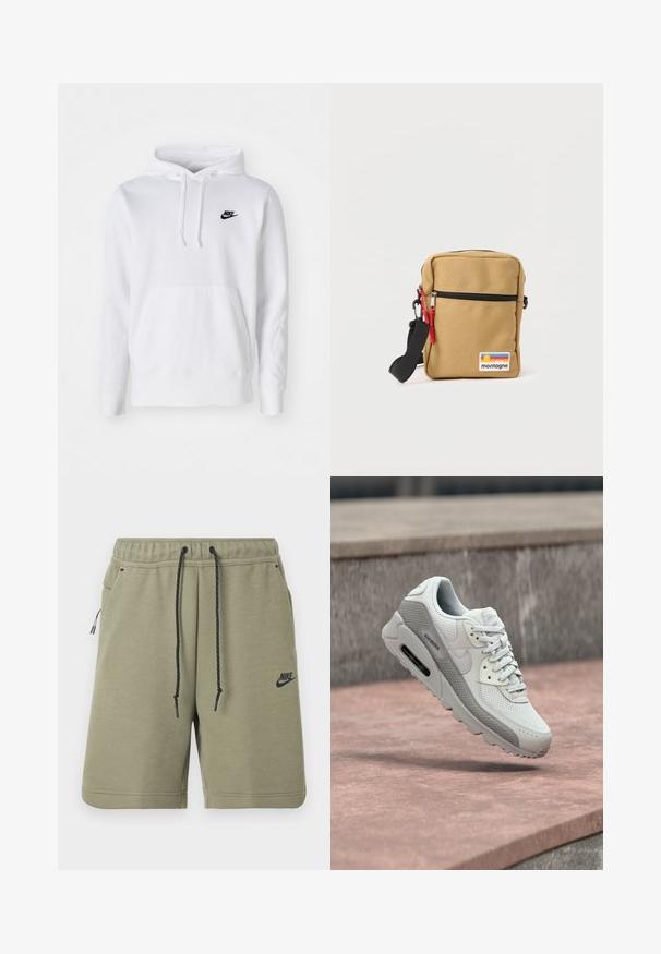 Hvid hættetrøje lavet af bomuldsblanding med snøre i hætten, frontlomme med kangaroo, ribbede manchetter og et lille sort Nike-logo på brystet.; Olivengrønne Nike-shorts med sort snøre, elastisk talje, sidelommer og Nike-logo på venstre ben.; Hvid og grå atletiksneaker med mesh og læderdetaljer svæver over en rosa stenoverflade og grå betonbaggrund.; Lille lysebrun crossbody taske med sort lynlås, røde lynlåstræk, justerbar sort rem og farverig "montagne" patch på fronten.