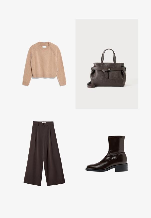Beige Cropped-Pullover aus weichem Stoff. Mit Raglanärmeln, geripptem Halsausschnitt und Bündchen sowie einer subtilen Textur. Ideal zum Layering.; Weit geschnittene Hosen aus dunkelbraunem Stoff, mit Falten, einem Knopfverschluss und glatter Textur; knöchellang mit maßgeschneidertem Design.; Dunkelbrauner Lederknöchelstiefel mit quadratischer Spitze, niedrigem Blockabsatz und gestepptem Detail entlang des oberen Randes, seitlich gezeigt.; Dunkelbraune, strukturierte Lederhandtasche mit zwei kurzen Griffen, einem vorne mit einem Knopf gebundenen Riemen und einem abnehmbaren Schulterriemen unten.