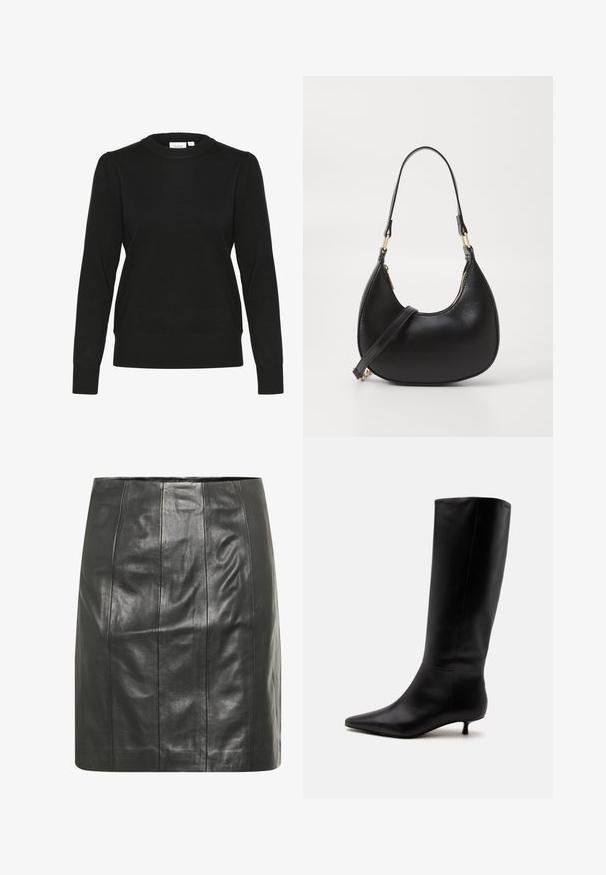 Pull en tricot noir avec des manches longues, un col rond et des poignets et un ourlet côtelés. Présente des manches légèrement bouffantes pour une texture ajoutée.; Jupe en cuir noir avec une silhouette ajustée, présentant des coutures verticales pour plus de texture et une finition lisse.; Botte noire en cuir jusqu'au genou avec bout pointu et petit talon kitten sur un fond clair uni.; Sac à main en cuir noir avec une forme courbée, doté d'une fermeture à glissière en haut, d'une courte poignée et d'une bandoulière amovible. Accent en métal doré.