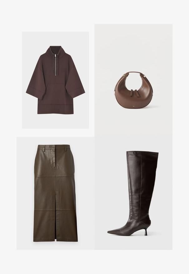 Sweat à capuche marron foncé avec manches larges trois-quarts, poche kangourou à l'avant et court zip avec cordons au col.; Jupe midi en cuir marron avec une fente avant, des passants de ceinture, un design en panneaux et une texture lisse. Adaptée à divers styles.; Botte en cuir marron, hauteur genou, avec un bout pointu et un talon fin. Texture lisse et design élégant, arborant une silhouette minimaliste.; Sac à main en cuir marron en forme de croissant avec une poignée supérieure et deux curseurs de fermeture éclair, sur fond blanc.