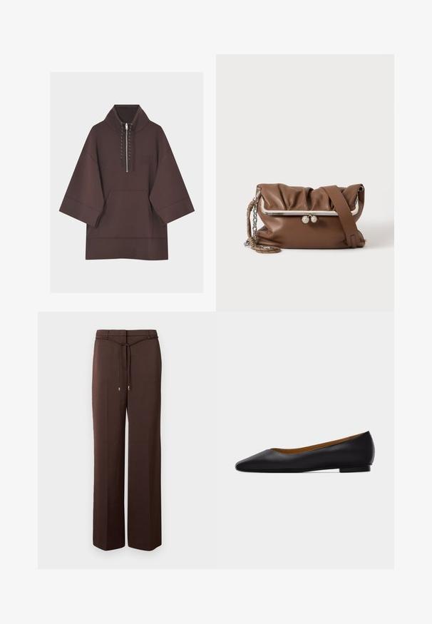 Sweat à capuche marron foncé avec manches larges trois-quarts, poche kangourou à l'avant et court zip avec cordons au col.; Pantalon marron à jambes larges avec une ceinture fine en tissu nouée à la taille et des extrémités métalliques, présenté sur un fond blanc uni.; Chaussure plate en cuir noir à bout pointu avec talon bas et finition lisse, vue de côté sur un fond gris clair.; Sac à épaule en cuir souple marron avec cadre métallique argenté et fermoir, une sangle réglable et une poignée chaîne tressée sur fond blanc.