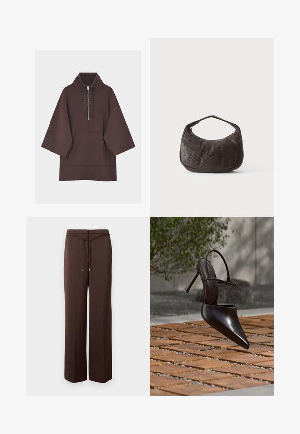 Sweat à capuche marron foncé avec manches larges trois-quarts, poche kangourou à l'avant et court zip avec cordons au col.; Pantalon marron à jambes larges avec une ceinture fine en tissu nouée à la taille et des extrémités métalliques, présenté sur un fond blanc uni.; Mule noire brillante à talons hauts avec bout pointu et bride à la cheville, suspendue au-dessus d'une surface carrelée en terre cuite avec des interstices remplis de gravier.; Petit sac à main marron foncé texturé avec une courte bandoulière et un fond arrondi sur un fond clair uni.