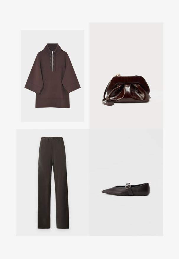 Sweat à capuche marron foncé avec manches larges trois-quarts, poche kangourou à l'avant et court zip avec cordons au col.; Pantalon marron foncé à jambes droites avec taille élastique, sans poches visibles ni décorations, présenté sur un fond clair uni.; Chaussure plate en cuir noir à bout pointu avec une fine lanière et une boucle métallique sur le côté. Texture lisse avec un design minimaliste.; Pochette en cuir brillant marron foncé avec un design plissé et une fine lanière pour poignet sur fond blanc.