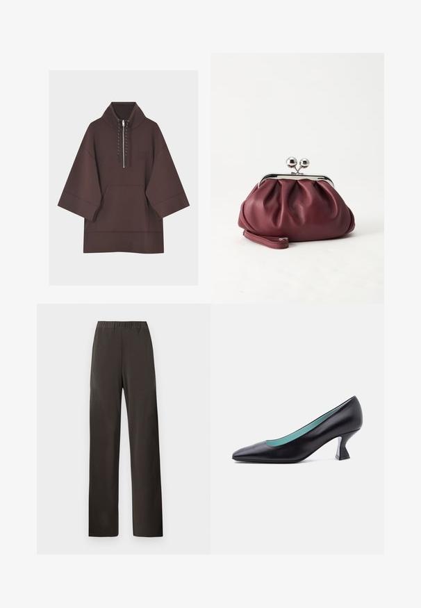 Sweat à capuche marron foncé avec manches larges trois-quarts, poche kangourou à l'avant et court zip avec cordons au col.; Pantalon marron foncé à jambes droites avec taille élastique, sans poches visibles ni décorations, présenté sur un fond clair uni.; Escarpin en cuir noir à bout pointu avec un petit talon bloc de forme unique et une doublure intérieure bleu clair, présenté sur un fond blanc uni.; Petit sac pochette en cuir bordeaux avec fermoir métallique argenté et bracelet sur fond blanc.