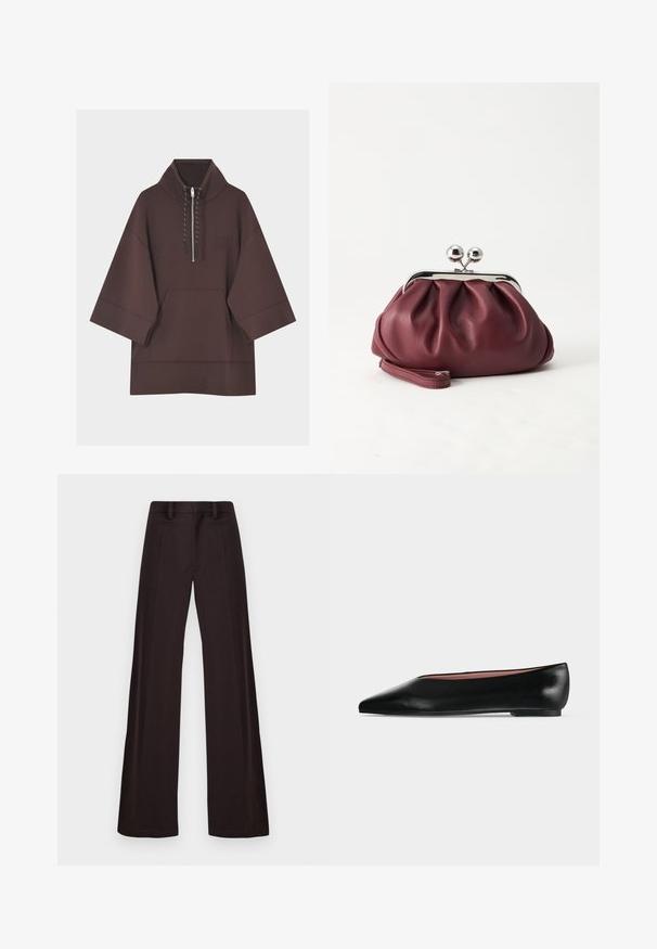 Sweat à capuche marron foncé avec manches larges trois-quarts, poche kangourou à l'avant et court zip avec cordons au col.; Pantalons larges en tissu sombre, présentant une texture lisse, des passants de ceinture et un pli avant, avec un design épuré et sans ornements.; Chaussure plate en cuir noir pour femme, avec bout pointu et petit talon, vue de côté sur un fond gris clair uni.; Petit sac pochette en cuir bordeaux avec fermoir métallique argenté et bracelet sur fond blanc.