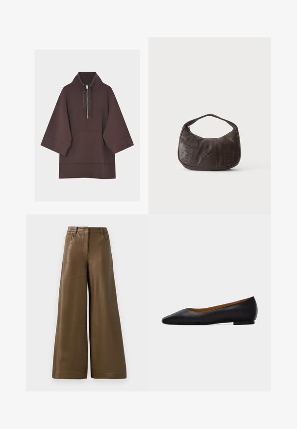 Sweat à capuche marron foncé avec manches larges trois-quarts, poche kangourou à l'avant et court zip avec cordons au col.; Pantalons à jambes larges en simili cuir marron lisse. Présentent une taille haute, quatre poches et une fermeture éclair sur le devant. Texture plate et design minimaliste.; Chaussure plate en cuir noir à bout pointu avec talon bas et finition lisse, vue de côté sur un fond gris clair.; Petit sac à main marron foncé texturé avec une courte bandoulière et un fond arrondi sur un fond clair uni.