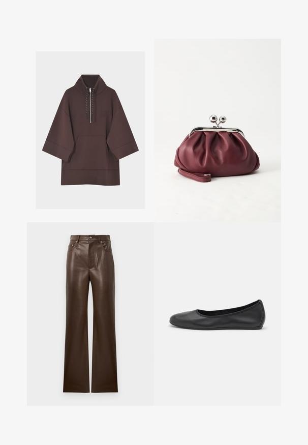 Sweat à capuche marron foncé avec manches larges trois-quarts, poche kangourou à l'avant et court zip avec cordons au col.; Pantalons évasés en cuir marron avec une texture lisse, design à cinq poches, fermeture éclair devant et bouton métallique, avec une taille haute.; Ballerines en cuir noir avec un bout rond, texture lisse, détails de couture minimalistes et design de semelle flexible.; Petit sac pochette en cuir bordeaux avec fermoir métallique argenté et bracelet sur fond blanc.