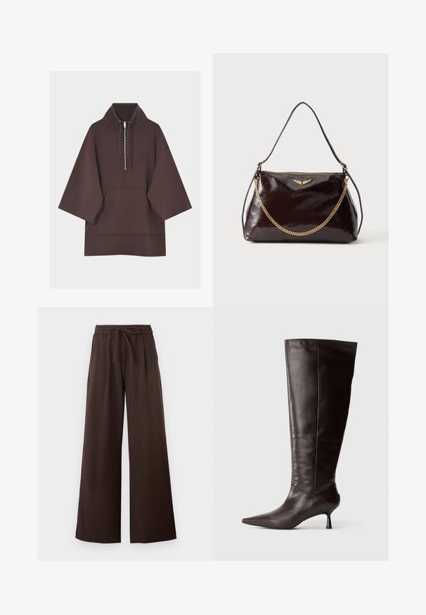 Sweat à capuche marron foncé avec manches larges trois-quarts, poche kangourou à l'avant et court zip avec cordons au col.; Pantalon marron foncé à jambes larges, taille élastique et lien de serrage devant, présenté à plat sur fond blanc.; Botte en cuir marron, hauteur genou, avec un bout pointu et un talon fin. Texture lisse et design élégant, arborant une silhouette minimaliste.; Sac à main en cuir brillant marron foncé avec un emblème en forme d'aile dorée, détail de chaîne dorée et une fine bandoulière en cuir sur un fond uni.