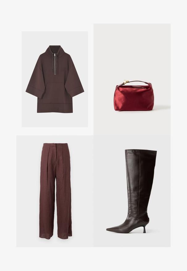 Sweat à capuche marron foncé avec manches larges trois-quarts, poche kangourou à l'avant et court zip avec cordons au col.; Pantalon large taille haute marron foncé avec plis sur le devant et taille structurée, fabriqué en tissu léger.; Botte en cuir marron, hauteur genou, avec un bout pointu et un talon fin. Texture lisse et design élégant, arborant une silhouette minimaliste.; Trousse de maquillage en satin bourgogne de forme rectangulaire, avec fermeture éclair et une poignée courte. Présente un design minimaliste et une texture lisse.