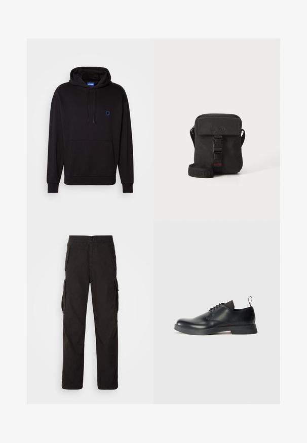 Zwarte hoodie van katoen, met een voorzak, koordjes en een klein blauw logo op de borst. Soepele textuur, normale pasvorm.; Zwarte cargobroek met een rechte snit, elastische tailleband, meerdere zijzakken en een textiele stof voor duurzaamheid.; Zwarte leren veterschoen met een gladde afwerking, een ronde neus en een minimalistisch design. Voorzien van een subtiele contrasterende treklip en een rubberen zool.; Zwarte schoudertas van duurzaam stof. Voorzien van een klep sluiting, een verstelbare schouderband met een geperst logo en een detail met gespsluiting aan de voorkant.