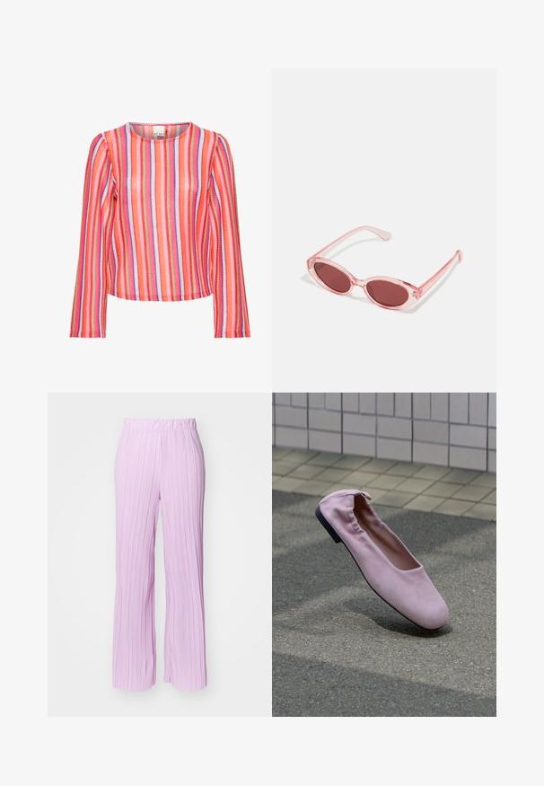 Haut en tricot à manches longues avec des rayures verticales de couleurs rose, rouge, orange, blanc, vert et violet, avec un col rond.; Pantalons plissés de couleur rose clair avec une coupe évasée et une taille élastique, présentant une texture verticale et une finition lisse.; Une ballerine plate rose unique avec un dos élastiqué et un bout arrondi flottant au-dessus d’un bitume gris près d’un mur carrelé.; Lunettes de soleil transparentes roses avec des verres ovales, teintés d'un rouge foncé, et des branches fines, présentant une finition lisse et des détails subtils sur la monture.