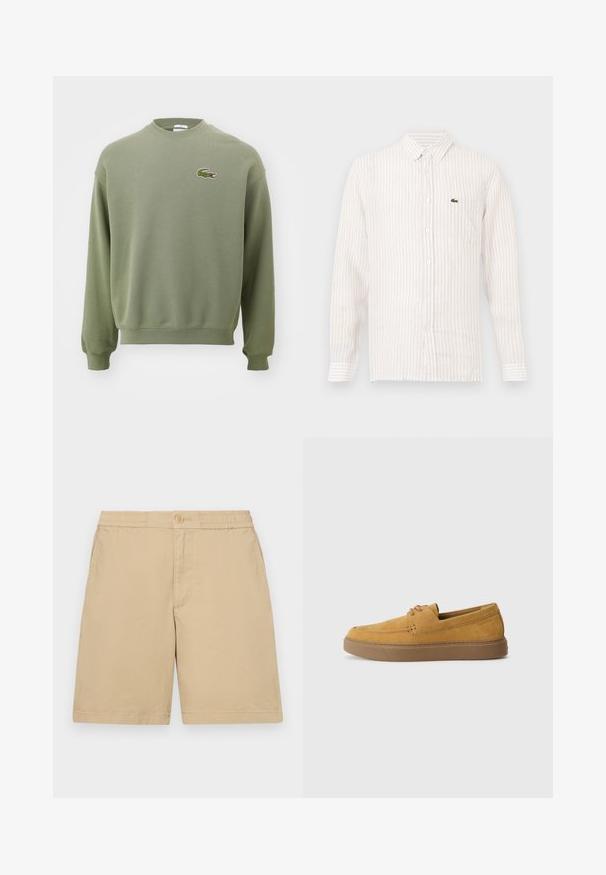 Olijfgroene sweatshirt met een ronde hals, ribgebreide manchetten en zoom. Heeft een geborduurd krokodillenlogo op de linkerborst. Zacht, gestructureerd materiaal.; Lichtgekleurde gestreepte shirt met lange mouwen, button-down kraag en een klein groen logo op de linkerkant van de borstzak. Katoenen materiaal.; Beige katoenen shorts met een normale pasvorm, elastische tailleband, knoopsluiting en zijzakken. Soepele textuur, knielang ontwerp.; Bruine suède instap schoenen met een gestructureerde afwerking, ronde neus en een contrasterende rubberen zool. Heeft subtiele branding nabij de hiel.