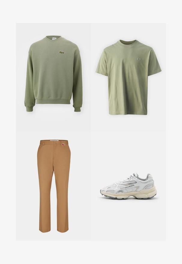 Olijfgroene sweatshirt met een ronde hals, ribgebreide manchetten en zoom. Heeft een geborduurd krokodillenlogo op de linkerborst. Zacht, gestructureerd materiaal.; Olijfgroene katoenen T-shirt met een ronde halslijn en korte mouwen. Bevat een klein, geborduurd logo op de borst. Voelt glad aan.; Bruine broek van een gladde stof. Rechtdoorgeschoten ontwerp met een voorzak en een klein rood Lacoste logo op de tailleband.; Witte sportieve schoenen met grijze accenten, bovenwerk van mesh en synthetisch materiaal, vetersluiting en een geprofileerde rubberen zool met looppatronen.