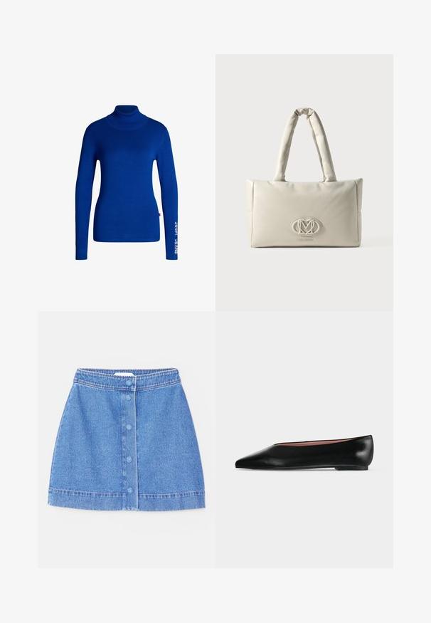 Pull col roulé bleu en tissu doux et extensible. Il a des manches longues et le texte "JOOP! JEANS" imprimé en blanc sur la manche droite.; Jupe en denim en bleu clair avec une fermeture à boutons sur le devant, des coutures contrastées et un ourlet légèrement effiloché. Texture lisse.; Chaussure plate en cuir noir pour femme, avec bout pointu et petit talon, vue de côté sur un fond gris clair uni.; Sac à main rectangulaire crème avec des poignées rembourrées et un logo Love Moschino en relief sur le devant.