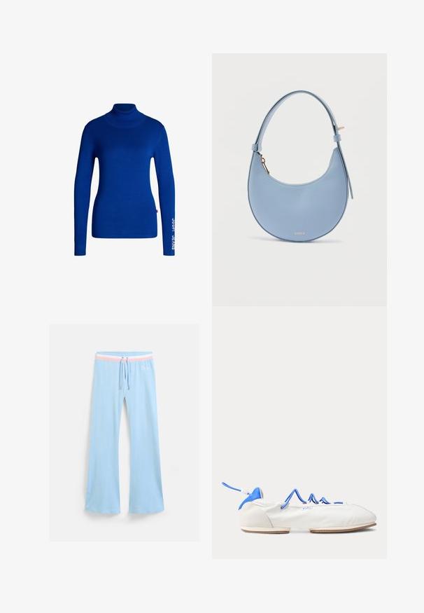 Blauwe coltrui van zacht, rekbaar materiaal. Beschikt over lange mouwen en de tekst "JOOP! JEANS" in het wit gedrukt op de rechtermouw.; Lichtblauwe uitlopende sweatpants met een trekkoord in de taille. Voorzien van een roze en witte gestreepteaccent en geborduurd logo. Zachte stoftextuur.; Witte ballerinaschoen met blauwe bies, blauwe veters en een klein Polo-label aan de zijkant, gezien vanaf de buitenkant.; Lichtblauwe handtas van leer in halve maantjesvorm met verstelbare riem en goudkleurig Furla-logo aan de voorkant.