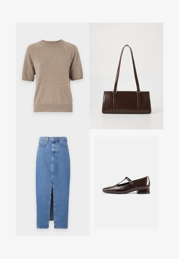 Pull à manches courtes en beige clair, fabriqué à partir d'un tissu doux et texturé. Doté d'un col rond et de poignets et d'un ourlet côtelés. Design décontracté.; Jupe midi en denim bleu clair avec une fente avant, design classique à cinq poches et fermeture par bouton supérieur. Le tissu présente une légère texture.; Chaussures Mary Jane en cuir verni marron avec un bout arrondi, un design ajouré et une bride réglable. Talon bas bloc.; Sac à main en cuir verni marron de forme rectangulaire, avec deux longues poignées et des accents courbés subtils à l'avant.