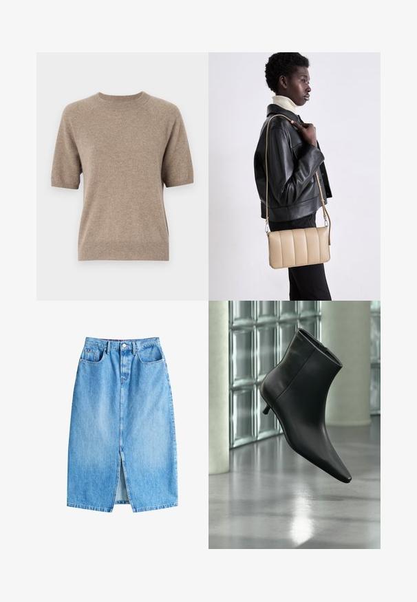 Pull à manches courtes en beige clair, fabriqué à partir d'un tissu doux et texturé. Doté d'un col rond et de poignets et d'un ourlet côtelés. Design décontracté.; Jupe en denim bleu clair avec une fente avant, cinq poches et une fermeture à bouton. Présente une coupe droite classique et un ourlet effiloché.; Bottine en cuir noir à bout pointu et petit talon kitten, présentée en angle devant un sol poli et un mur en blocs de verre.; Sac en cuir beige en bandoulière avec un design matelassé, de forme rectangulaire, avec une fine sangle et des détails en métal argenté, porté par une personne en veste noire.