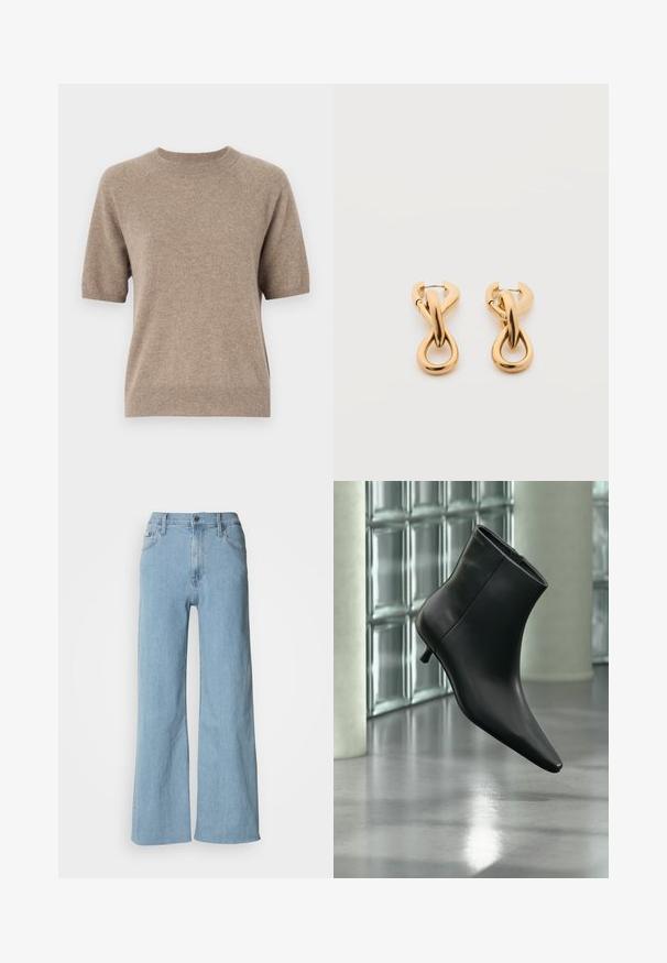 Pull à manches courtes en beige clair, fabriqué à partir d'un tissu doux et texturé. Doté d'un col rond et de poignets et d'un ourlet côtelés. Design décontracté.; Jeans en denim bleu clair à jambes larges, avec une taille cintrée, un design à cinq poches et des détails de couture subtils.; Bottine en cuir noir à bout pointu et petit talon kitten, présentée en angle devant un sol poli et un mur en blocs de verre.; Paire de boucles d'oreilles créoles en bouclettes dorées brillantes sur fond blanc uni, présentant un design torsadé entrelacé.