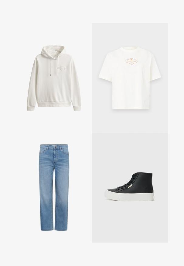 Sweat à capuche blanc GANT avec cordons et logo brodé discret sur la poitrine gauche, poignets et ourlet côtelés, présenté sur fond uni.; T-shirt en coton blanc à manches courtes, avec un col rond et une écusson central avec un logo en beige et détails dorés.; Jean droit bleu clair avec bouton et fermeture éclair à l'avant, passants de ceinture et poches avant.; Baskets montantes noires en cuir lisse avec une semelle en caoutchouc blanche. Comprend des œillets pour les lacets et un petit logo de la marque sur le côté.