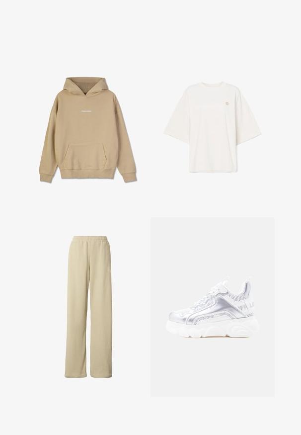 Beige hætte sweatshirt lavet af bomuldsagtigt materiale. Har en front-kangaroo lomme og hvid "PEGADOR" logo på brystet.; Overdimensional kortærmet T-shirt i cremecottton med rund hals og et broderet logo i lys brun på venstre bryst.; Beige ribstrikkede bukser med vidde ben, elastisk taljebånd og diskret lille hvidt logo på den øverste del af låret.; Hvid og sølvfarvet chunky sneaker med tyk, struktureret sål, mesh- og syntetiske paneler, rundet tå og trækflig på hælen.