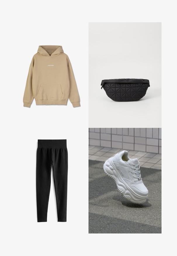 Beež kapuutsiga sviiter, mis on valmistatud puuvilla meenutavast materjalist. Sellel on ees kangaroo-tasku ja valge "PEGADOR" logo rinnal.; Mustad ribad leggingud laia elastse vööga, millel on liibuv siluett ja sile tekstuur. Ei ole nähtavaid riistu ega mustreid.; Valge nahkne tennis, millel on paks tald, tekstuuriga detailid ja paeltega sulgemine. Omab vormitud aktsente ja siledat viimistlust.; Must mustriga kott, millel on pehme, pehmendatud tekstuur ja nurga kujuline teemantmuster, kumer siluett ja tõmblukuga sulgemine.