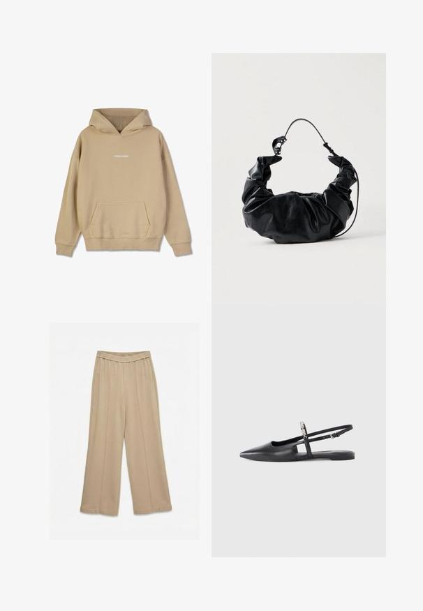 Beige hætte sweatshirt lavet af bomuldsagtigt materiale. Har en front-kangaroo lomme og hvid "PEGADOR" logo på brystet.; Beige bukser med vidde ben, elastik i taljen og lodrette sømdetaljer, vist på en ensfarvet hvid baggrund.; Sort læder slingback-flad sko med spids tå, udskåret detalje og justerbar rem med en dekorativ blomsterdekoration.; Sort faux læder handbag med et blødt, samlet design og et fleksibelt håndtag, der fremviser en glat tekstur og en subtil glans.