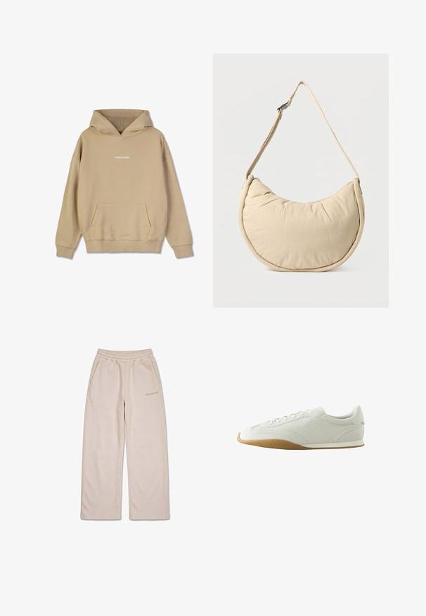 Beige Kapuzenpullover aus einem baumwollähnlichen Material. Verfügt über eine frontale Kängurutasche und ein weißes "PEGADOR"-Logo auf der Brust.; Beige, weit geschnittene Sweatpants mit elastischem Bund und seitlichen Taschen, mit kleinem gesticktem Markenlogo am rechten Oberschenkel.; Weißer Sneaker mit brauner Gummisohle, Nahtdetails, Schnürung vorne und gesticktem Logo an der Seite.; Beige Halbmond-Schultertasche mit weicher, gepolsterter Textur. Verfügt über einen verstellbaren Riemen und einen Reißverschluss entlang der oberen Kante.