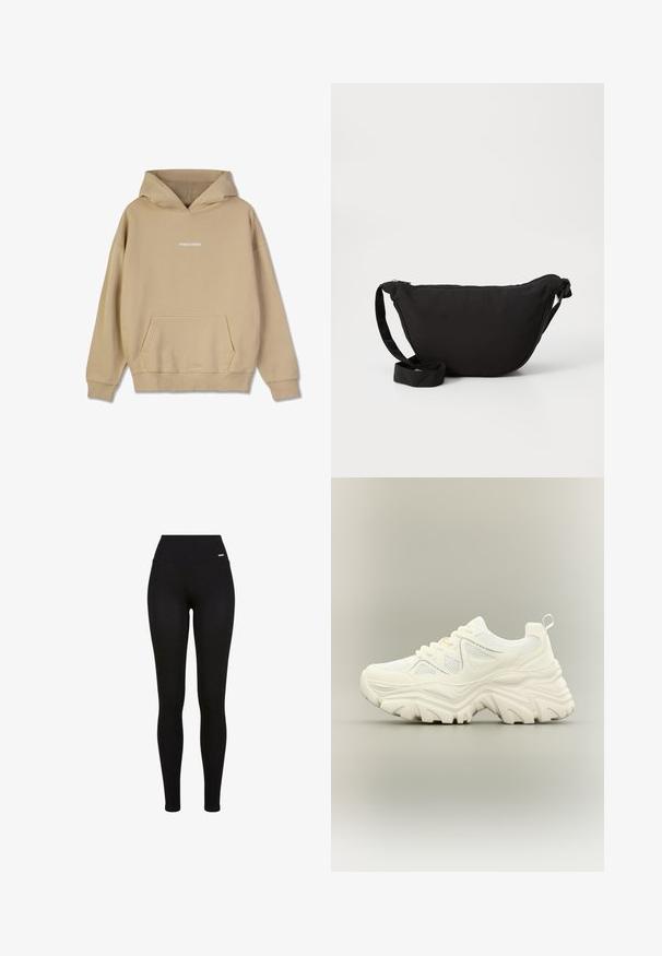 Beige hætte sweatshirt lavet af bomuldsagtigt materiale. Har en front-kangaroo lomme og hvid "PEGADOR" logo på brystet.; Sorte leggins med høj talje, strækbart stof, glat tekstur og en tætsiddende pasform, der er velegnet til casual eller atletisk brug.; Hvid chunky sneaker med tyk tekstureret sål, mesh paneler, snørelukning foran og trækstrop ved hælen på en neutral baggrund.; Sort hobo taske lavet af blødt stof, med en buet form, lynlåslukning og en bred justerbar rem. Glat tekstur uden mønstre.