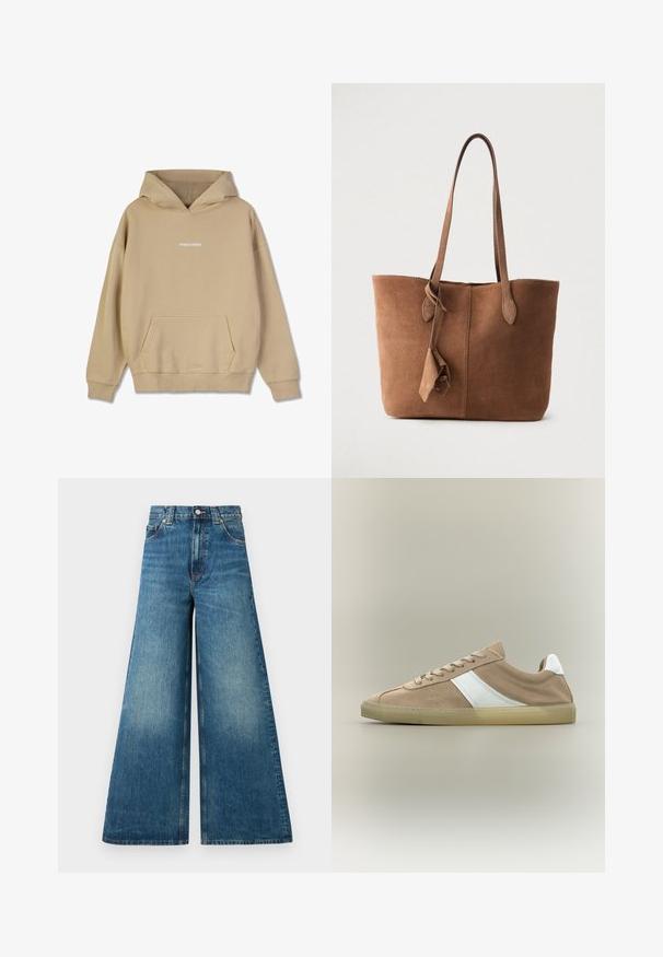 Beige hætte sweatshirt lavet af bomuldsagtigt materiale. Har en front-kangaroo lomme og hvid "PEGADOR" logo på brystet.; Høj- og bredbenede jeans i falmet blå denim med knaplukning, bæltesløjfer og to forlommer.; Beige ruskind lavtop sneaker med hvid diagonal stribe, hvid hælflap, beige snørebånd og gennemsigtig beige gummisål på neutral baggrund.; Brun ruskinds-tote taske med to skulderremme, et enkelt design og en frynse-detalje på siden. Glat tekstur og struktureret form.