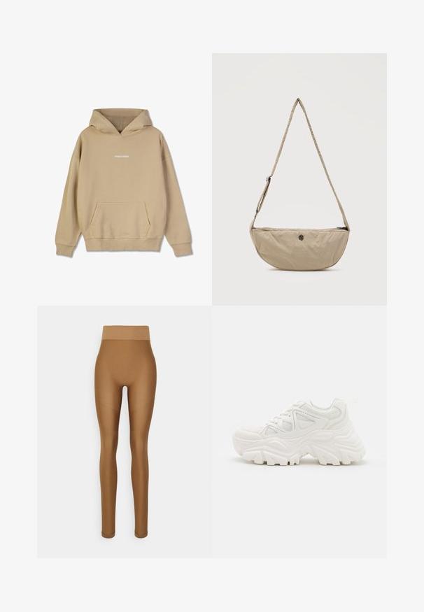 Beige huppari, joka on valmistettu puuvillamaisesta materiaalista. Siinä on etupuolella kengurulaukku ja valkoinen "PEGADOR" logo rinnassa.; Even&Odd active Trikoot - brown; Valkoiset paksut lenkkarit, joissa on teksturoitu päällinen, verkkomaiset paneelit ja paksut kumipohjat, joissa on merkittävä kuviointi. Nauhat ja vetotappi mukana.; Beigenvärinen, puolikuun muotoinen olkalaukku, jossa säädettävä hihna ja etupuolella pieni pyöreä metallilogo, yläosassa vetoketjusuljenta.