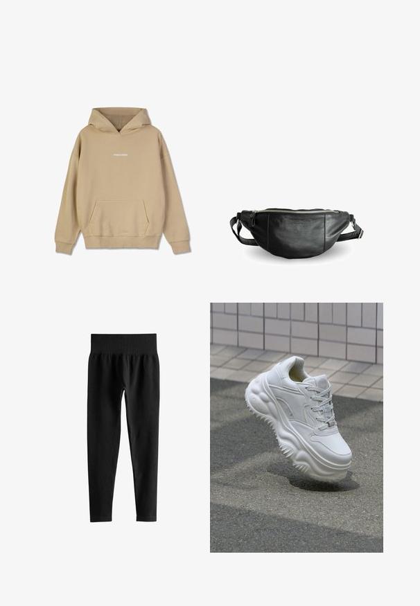 Beige hætte sweatshirt lavet af bomuldsagtigt materiale. Har en front-kangaroo lomme og hvid "PEGADOR" logo på brystet.; Sorte ribstrikkede leggings med høj talje og bred elastik i taljen, tætsiddende pasform i fuld længde uden synlige logoer eller mønstre.; Hvide lædersneakers med en kraftig sål, teksturerede detaljer og snørelukning. Har formede accenter og en glat finish.; Still Nordic BASIC - Bæltetasker - black