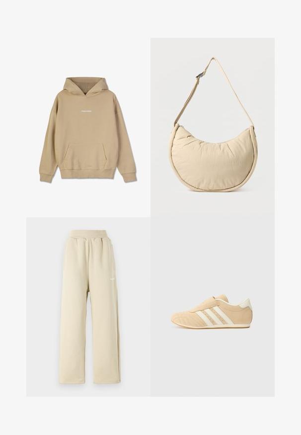 Beige hoodie gemaakt van katoenachtig materiaal. Beschikt over een voorzak en een witte "PEGADOR" logo op de borst.; Beige wijde sweatpants van zachte stof, met een elastische tailleband, zijzakken en een klein geborduurd logo-detail.; Tan en crèmekleurige sportschoenen met een leren bovenwerk, drie witte strepen aan de zijkant en een ronde neus. Textured bovenwerk met perforaties.; Beige schoudertas in halve maanvorm met een zachte, gewatteerde textuur. Voorzien van een verstelbare riem en een ritssluiting langs de bovenkant.