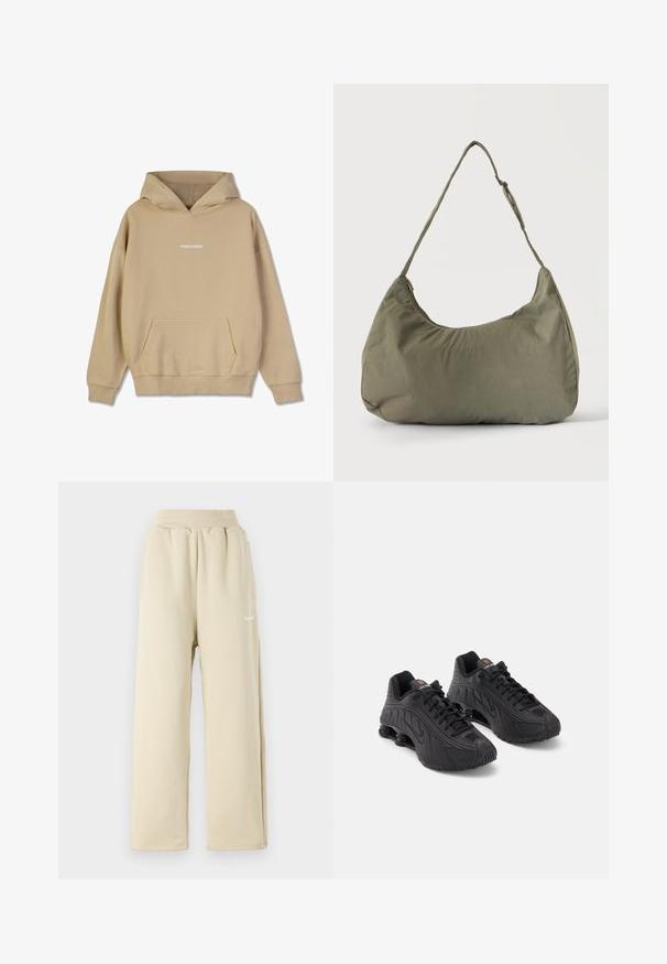 Beige Kapuzenpullover aus einem baumwollähnlichen Material. Verfügt über eine frontale Kängurutasche und ein weißes "PEGADOR"-Logo auf der Brust.; Beige weit geschnittene Sweatpants aus weichem Stoff, mit einem elastischen Bund, seitlichen Taschen und einem kleinen bestickten Logodetail.; Schwarze Sportschuhe mit einem glatten synthetischen Obermaterial, strukturierten Akzenten, Schnürdesign und sichtbarer Federung im Fersenbereich.; Olivgrüne weiche Stoff-Schultertasche mit Reißverschluss und verstellbarem Tragegurt vor einfarbig hellem Hintergrund.