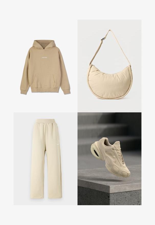 Beige hætte sweatshirt lavet af bomuldsagtigt materiale. Har en front-kangaroo lomme og hvid "PEGADOR" logo på brystet.; Beige brede sweatpants lavet af blødt stof, med elastisk talje, sidelommer og lille broderet logo detaljer.; Beige sportssko med tekstureret overflade og unik sål, svævende over en grå betonlænge med slørede trapper i baggrunden.; Beige skuldertaske i halvmåneform med en blød, polstret overflade. Har justerbar rem og lynlås langs den øverste kant.