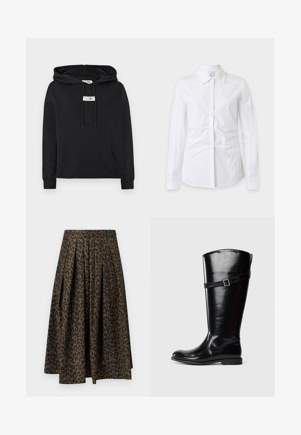 Sweat à capuche noir avec poche kangourou avant, cordons de serrage et petite étiquette blanche avec des chiffres sur la poitrine.; Chemise blanche à manches longues avec boutons et col, tissu légèrement froissé et étiquette de marque visible à l'intérieur du col.; Jupe midi plissée à imprimé léopard vert et noir, avec une taille haute et une silhouette trapèze.; Botte en cuir noir haute avec un talon bas et une sangle décorative avec boucle en argent autour du haut du mollet.
