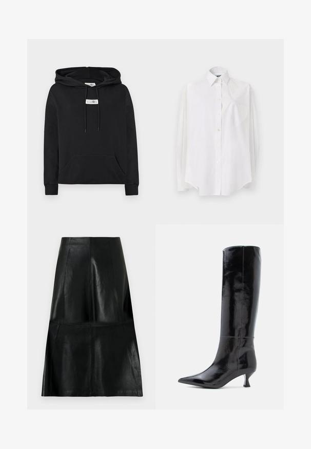 Sweat à capuche noir avec poche kangourou avant, cordons de serrage et petite étiquette blanche avec des chiffres sur la poitrine.; Chemise blanche à manches longues en tissu léger, dotée d'un col classique, d'une fermeture à boutons et d'une poche en forme de cœur sur le côté gauche.; Jupe en cuir noire longueur genou avec des coutures de panneaux verticales et horizontales, légèrement évasée au bas.; Bottes en cuir noir, montantes jusqu'au genou, avec une finition brillante, un bout pointu et un petit talon carré. Texture lisse, détails de couture minimalistes.