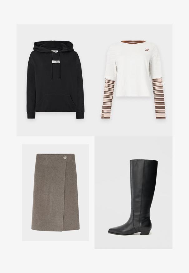 Sweat à capuche noir avec poche kangourou avant, cordons de serrage et petite étiquette blanche avec des chiffres sur la poitrine.; T-shirt blanc court avec manches courtes et manches longues à rayures marron. Présente un col marron et un petit logo "BP" sur la poitrine.; Jupe portefeuille en laine longueur genoux en taupe doux avec un panneau avant qui se chevauche, maintenu par un seul bouton argenté brillant à la taille.; Bottes en cuir noires montant jusqu'aux genoux, avec bout pointu et talon bas carré, présentant une texture lisse et un design épuré et élégant.