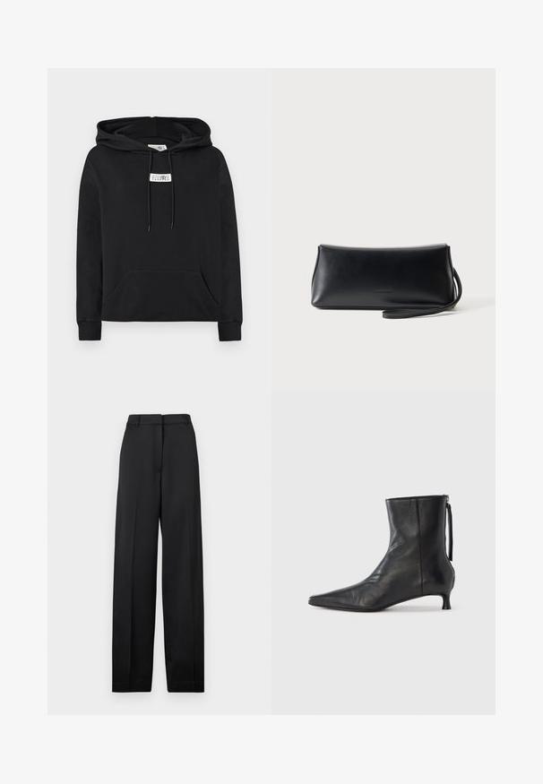 Sweat à capuche noir avec poche kangourou avant, cordons de serrage et petite étiquette blanche avec des chiffres sur la poitrine.; Pantalon noir taille haute à jambes larges, avec passants de ceinture, fermeture éclair à l'avant et pli marqué au centre de chaque jambe.; Bottine en cuir noir à bout pointu, forme structurée et petit talon. Dispose d'une fermeture éclair latérale et d'un design minimaliste.; Pochette en cuir noir lisse avec une fine lanière de poignet, forme rectangulaire, et logo embossé subtil centré sur le devant.