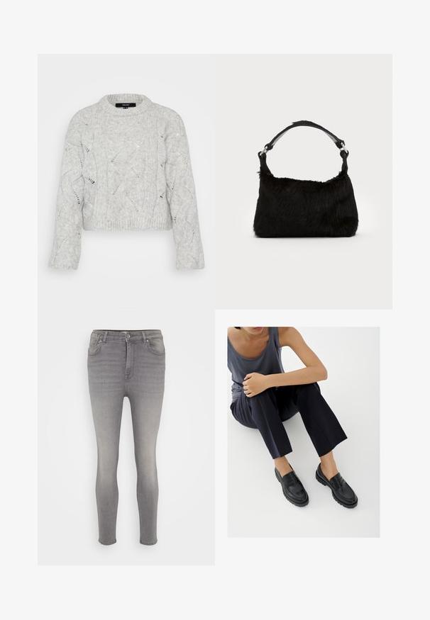 Pull en tricot gris avec un col rond, présentant un motif en cable ondulé et des manches longues amples. Matière douce et texturée.; Jean en denim gris à coupe slim, avec une fermeture à bouton, cinq poches et un léger délavage le long des jambes. Texture lisse, sans motifs.; Mocassins en cuir noir avec accents texturés, talon bas, bout arrondi, et coutures visibles. Modèle portant un pantalon sombre et un haut gris.; Sac à main en fausse fourrure noire avec une texture douce, une forme arrondie et une bandoulière en cuir noir robuste. Accent en métal argenté visible.