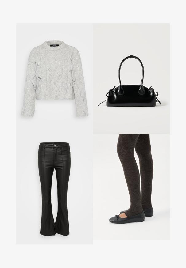 Pull en tricot gris avec un col rond, présentant un motif en cable ondulé et des manches longues amples. Matière douce et texturée.; Pantalons évasés noirs avec une texture brillante semblable au cuir, présentant des poches avant, une fermeture à bouton et des fentes sur les côtés à l'ourlet.; Jambes portant des leggings côtelés foncés associés à des ballerines noires avec de petits détails en nœud sur fond blanc.; Petit sac à main noir brillant avec deux longues anses et des détails à cordon sur les côtés sur un fond clair uni.