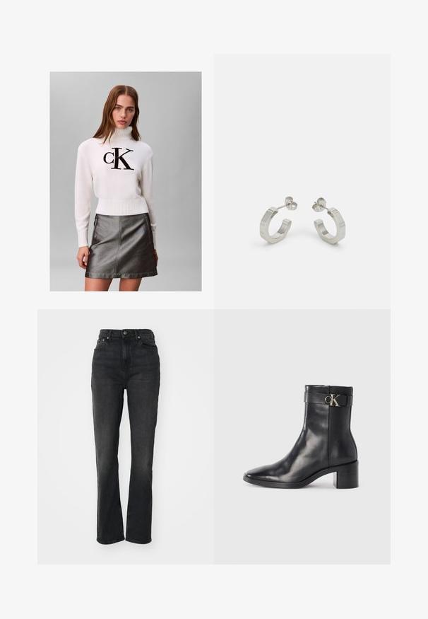 Mujer joven con un suéter blanco de cuello alto con el logo negro de "CK" y una falda de cuero metálica gris oscuro, posando frente a un fondo liso.; Jeans de mezclilla negros de tiro alto con piernas rectas, diseño de cinco bolsillos, cierre frontal con botón y detalles de costura mínimos.; Bota de tobillo de cuero negra con punta afilada, tacón cuadrado y una correa con un detalle de logo metálico. Textura suave y diseño minimalista.; Pendientes aros de metal plateado con un diseño texturizado, que cuentan con un pequeño respaldo de clip y una marca en uno de los aros. Forma redondeada con un acabado pulido.