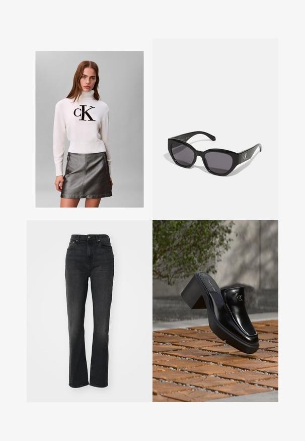 Jonge vrouw draagt een witte coltrui met zwart "CK"-logo en een metalen donkergrijze leren rok, staand tegen een effen achtergrond.; Hoge zwarte denim jeans met rechte pijpen, vijf-pocket ontwerp, sluiting met een knoop aan de voorkant en minimale stikseldetails.; Zwarte leren Calvin Klein slip-on mule met blokhak rustend op houten tegels buiten, vlak bij een groene plant en een grijze muur.; Zwarte zonnebril met een strak, hoekig ontwerp, donkere lenzen en een contrasterend zilveren logo aan de zijkant. Glad kunststof oppervlak.